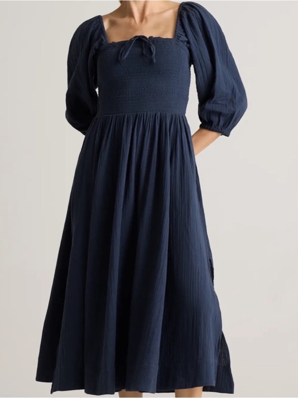 Quince Organic Cotton Gauze Smocked Square Neck Midi Dress Puff Sleeves Blue M